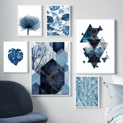 Blue Monstera & Geometric Wall Art-6 Pannel