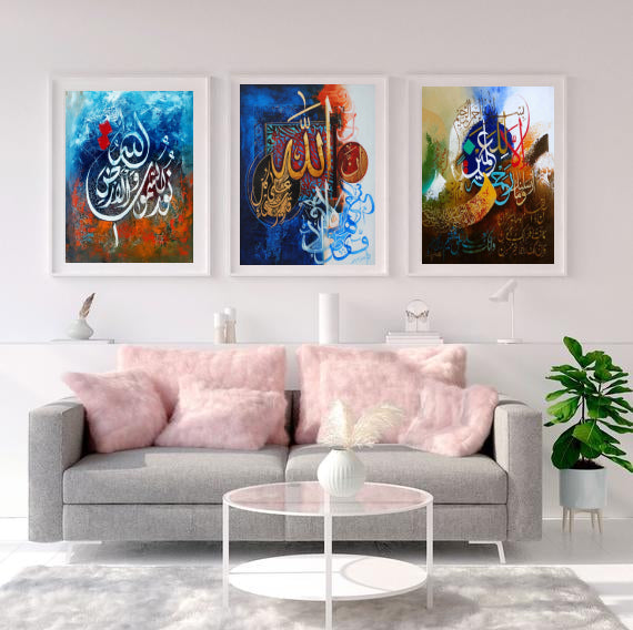 Blue Calligraphy Wall Art-3 Pannel