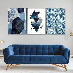 Blue Geometric Pattern Wall Art-3 Pannel