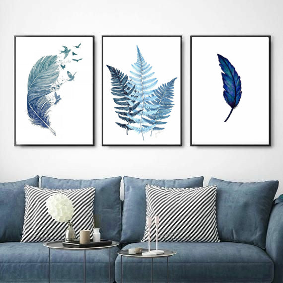 Blue Tropical Leaves Wall Art-3 Pannel