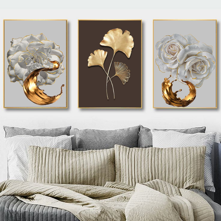 Calm & Collected White Golden Modern Wall Art-3 Panel