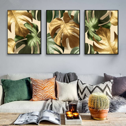 Golden Glimmer Monstera Wall Art-3 Panel