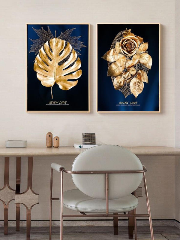 Golden Leaf Monstera Floral Minimal Wall Art-2 Panel