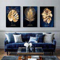 Golden Tropical with Blue Background Modern Wall Art-3 Panel