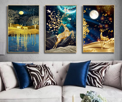 Golden Deer Wall Art-3 Pannel