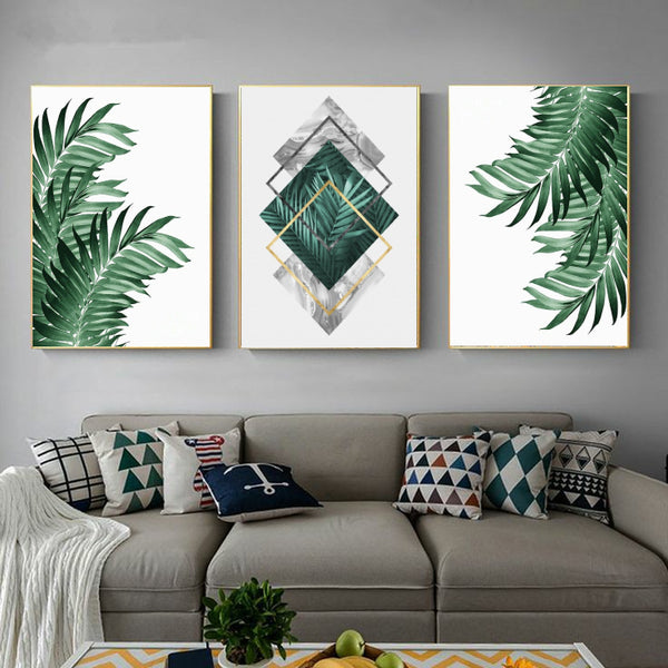 Green Tropical Geometric Nature Wall Art-3 Panel