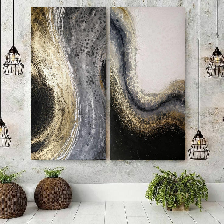 Grey & Golden Tides Abstract Wall Art-2 pannel