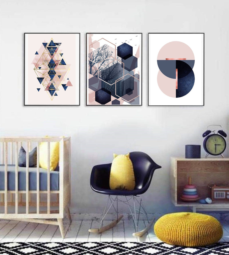 Pink & Navy Geometric Wall Art-3 Pannel