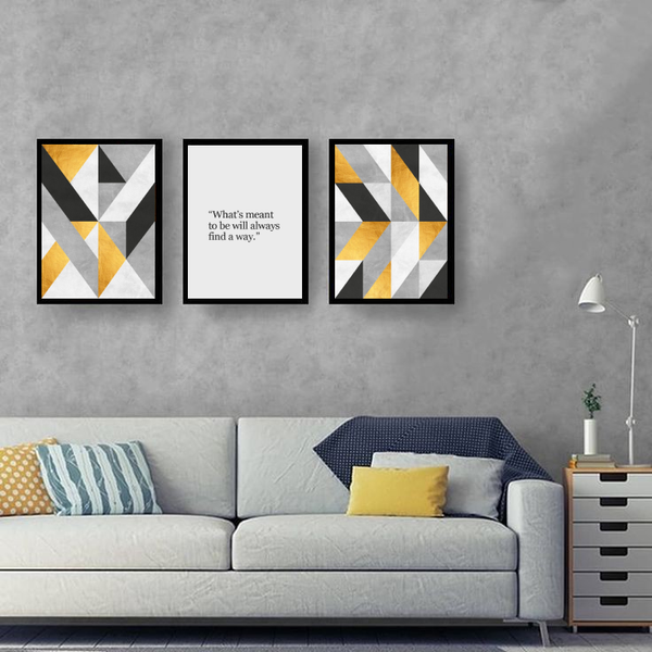 Yellow & Grey Geometric Wall Art-3 Pannel